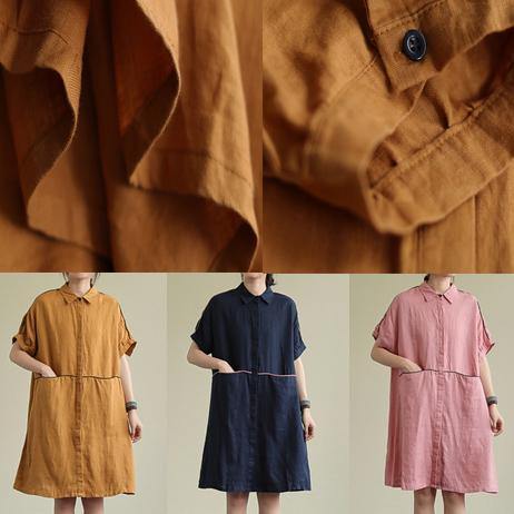 Women yellow linen dress lapel pockets Plus Size summer Dresses