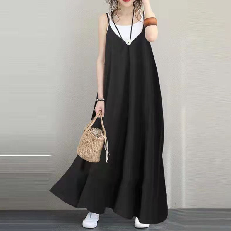 Women Blue Long Linen Dress Oversized Sleeveless Linen Gown Women V Neck Gown