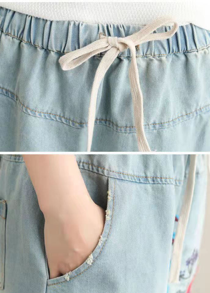 Women Light Blue Embroideried Pockets A-Line Summer Denim Skirts