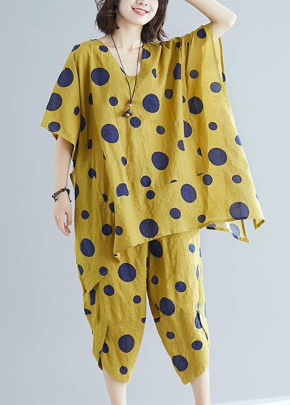 Women's art yellow dot print long T-shirt top + casual cotton wide leg pants