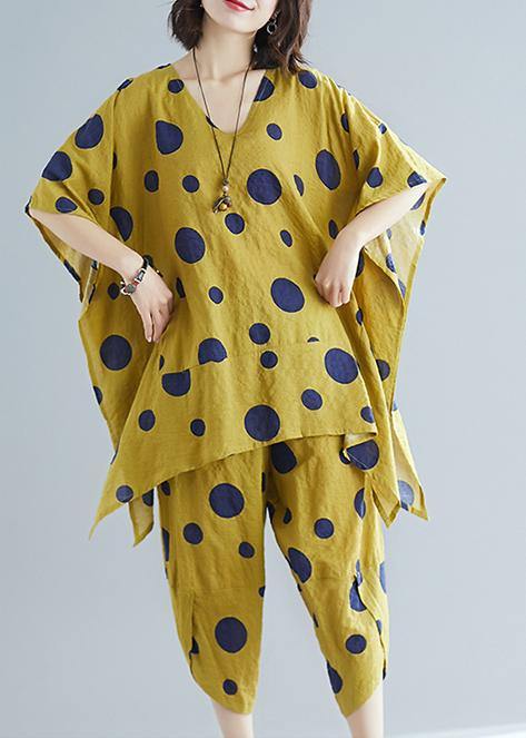 Women's art yellow dot print long T-shirt top + casual cotton wide leg pants