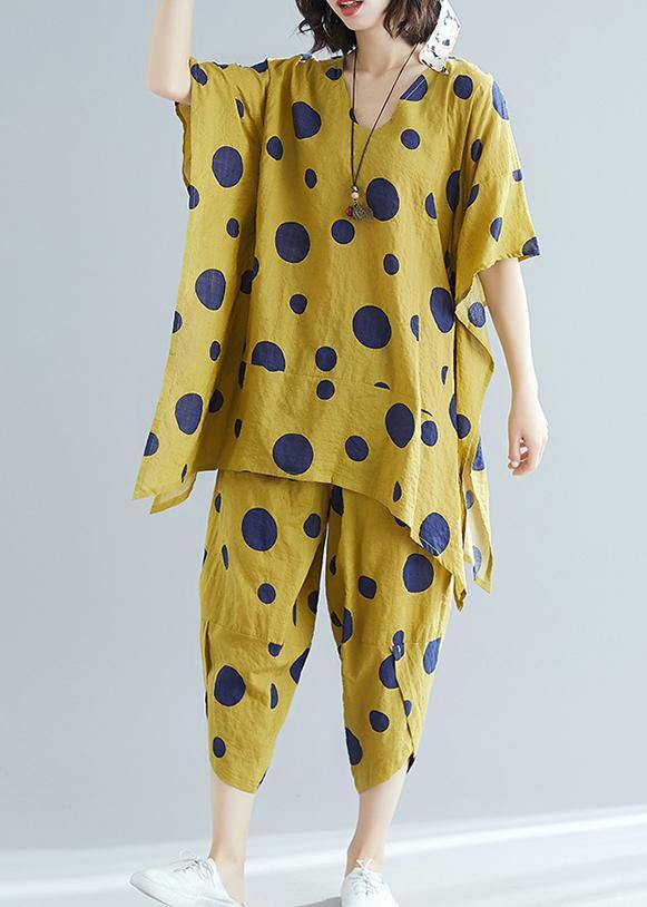 Women's art yellow dot print long T-shirt top + casual cotton wide leg pants