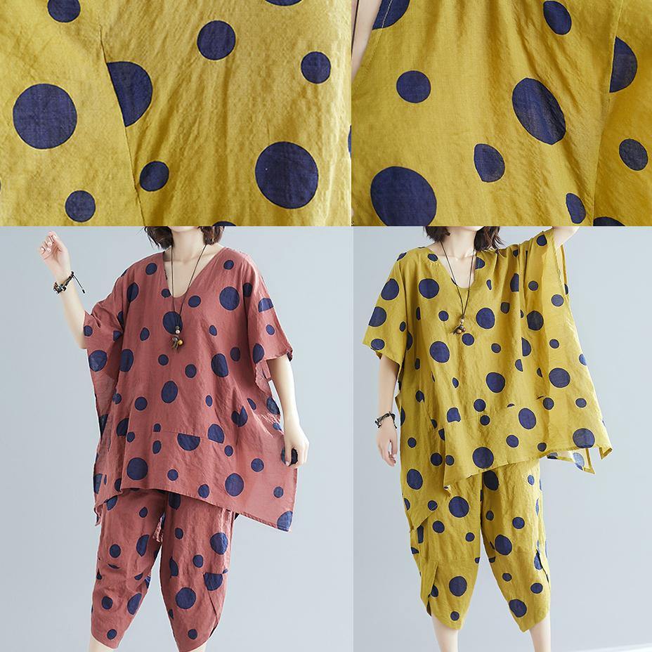 Women's art yellow dot print long T-shirt top + casual cotton wide leg pants