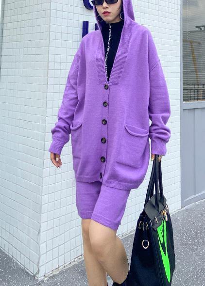 Women's autumn plus size fashion knitted cardigan shorts purple two-piece