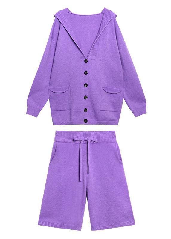 Women's autumn plus size fashion knitted cardigan shorts purple two-piece