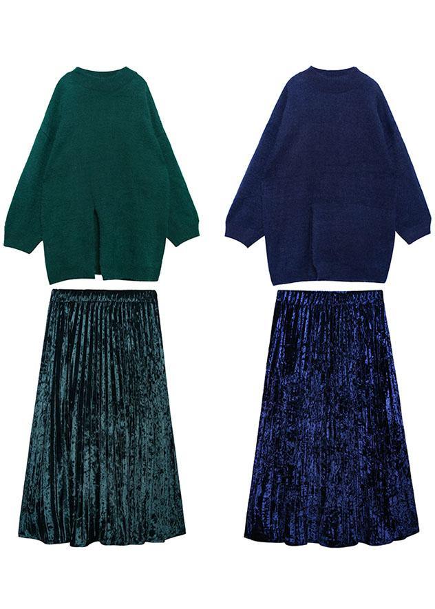 Women's spring plus size sweater mid-length velvet skirt pleated skirt two-piece