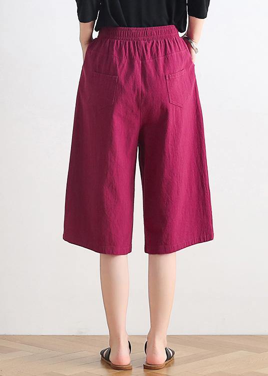 Women's summer new loose high waist five points wide leg pants linen burgundy straight shorts