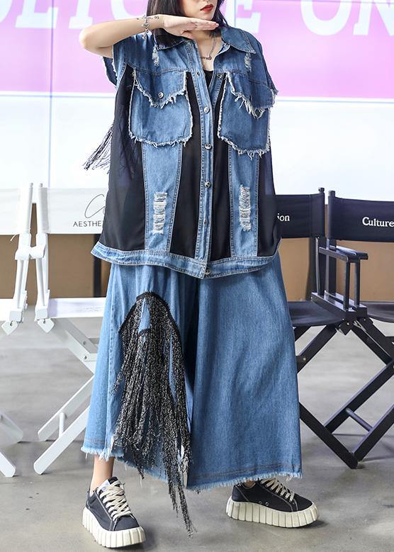 Sold Out- trendy large size thin western denim blue Vest wide leg pants two-piece suit