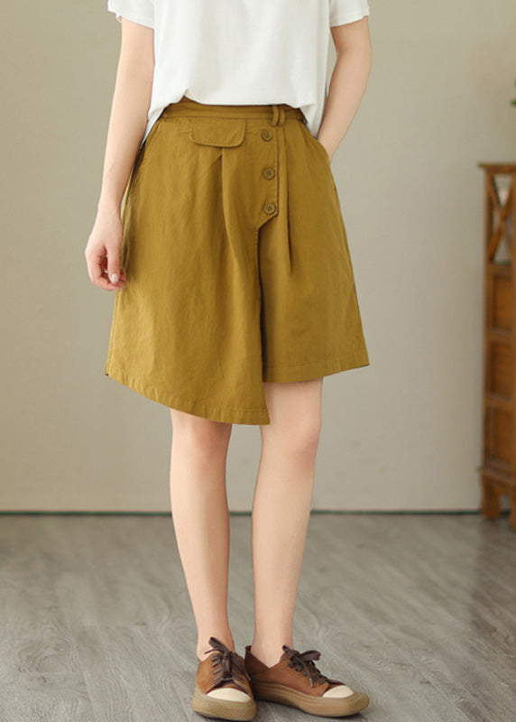 Yellow Asymmetrical Button Wide Leg Shorts