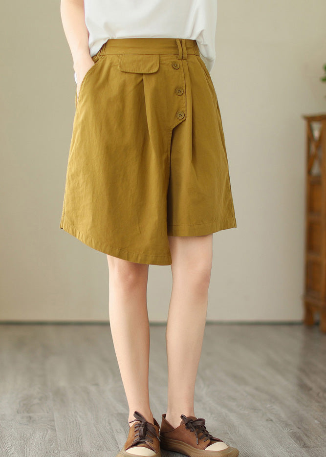 Yellow Asymmetrical Button Wide Leg Shorts