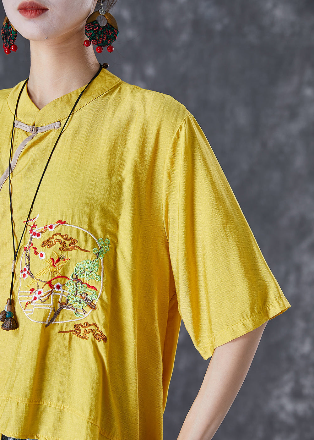 Yellow Asymmetrical Linen Tops Embroideried Chinese Button Summer