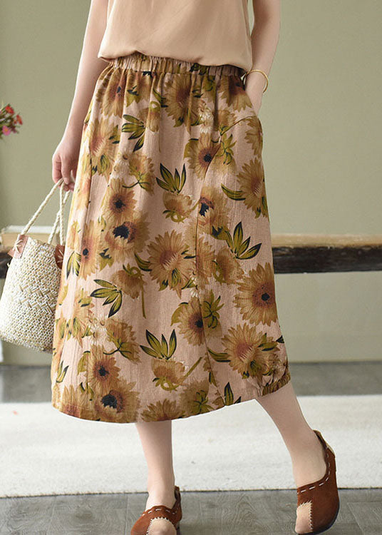 Yellow Floral Print Linen A Line Skirts Pockets Print Summer