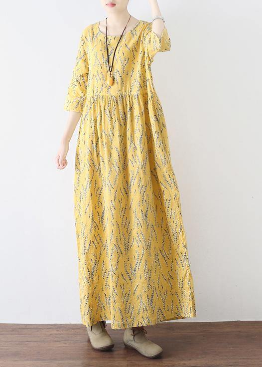 Yellow High Waist Print Loose Half Sleeve Cotton Linen Dress