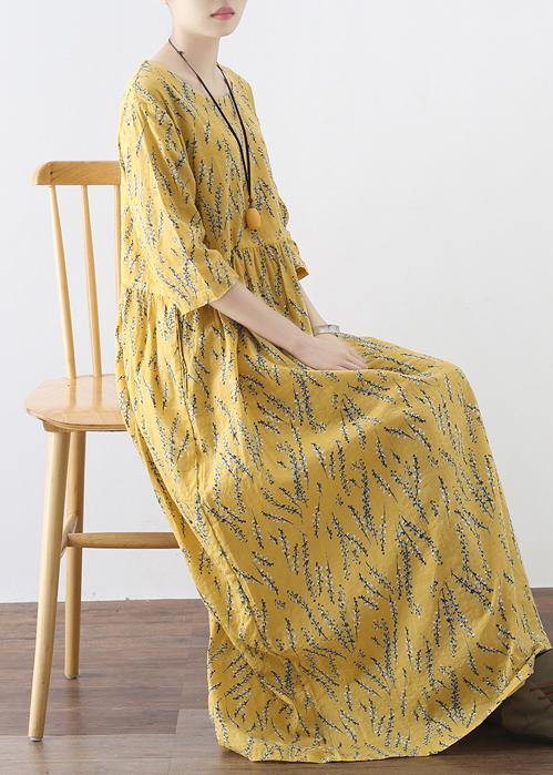 Yellow High Waist Print Loose Half Sleeve Cotton Linen Dress