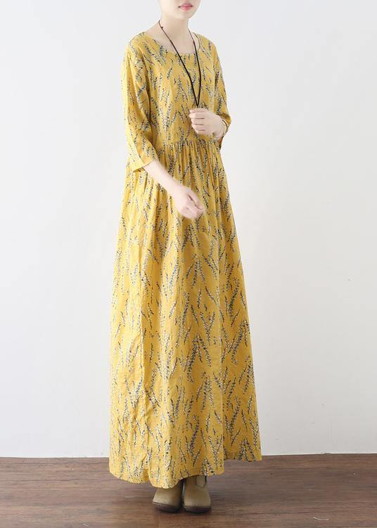 Yellow High Waist Print Loose Half Sleeve Cotton Linen Dress