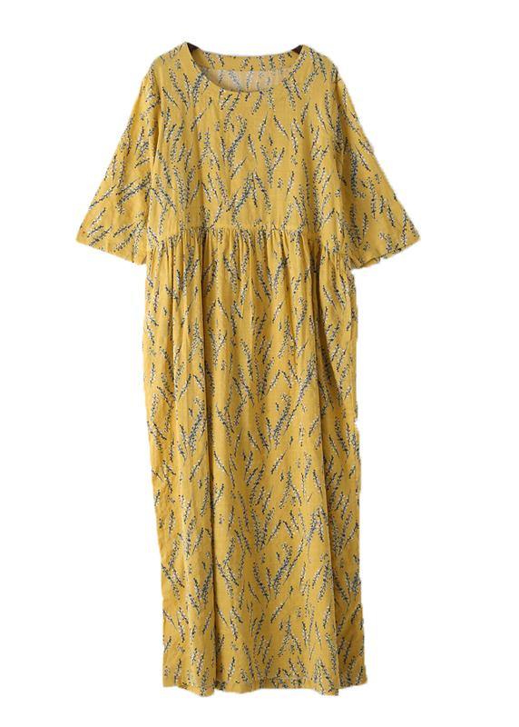 Yellow High Waist Print Loose Half Sleeve Cotton Linen Dress