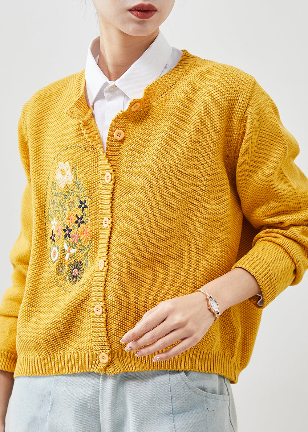 Yellow Knit Cardigans Embroidered Button Spring