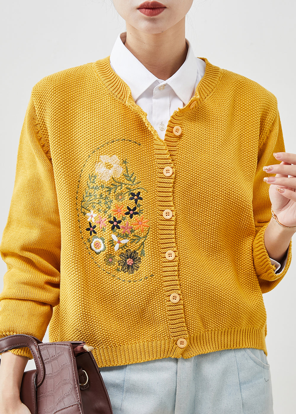 Yellow Knit Cardigans Embroidered Button Spring