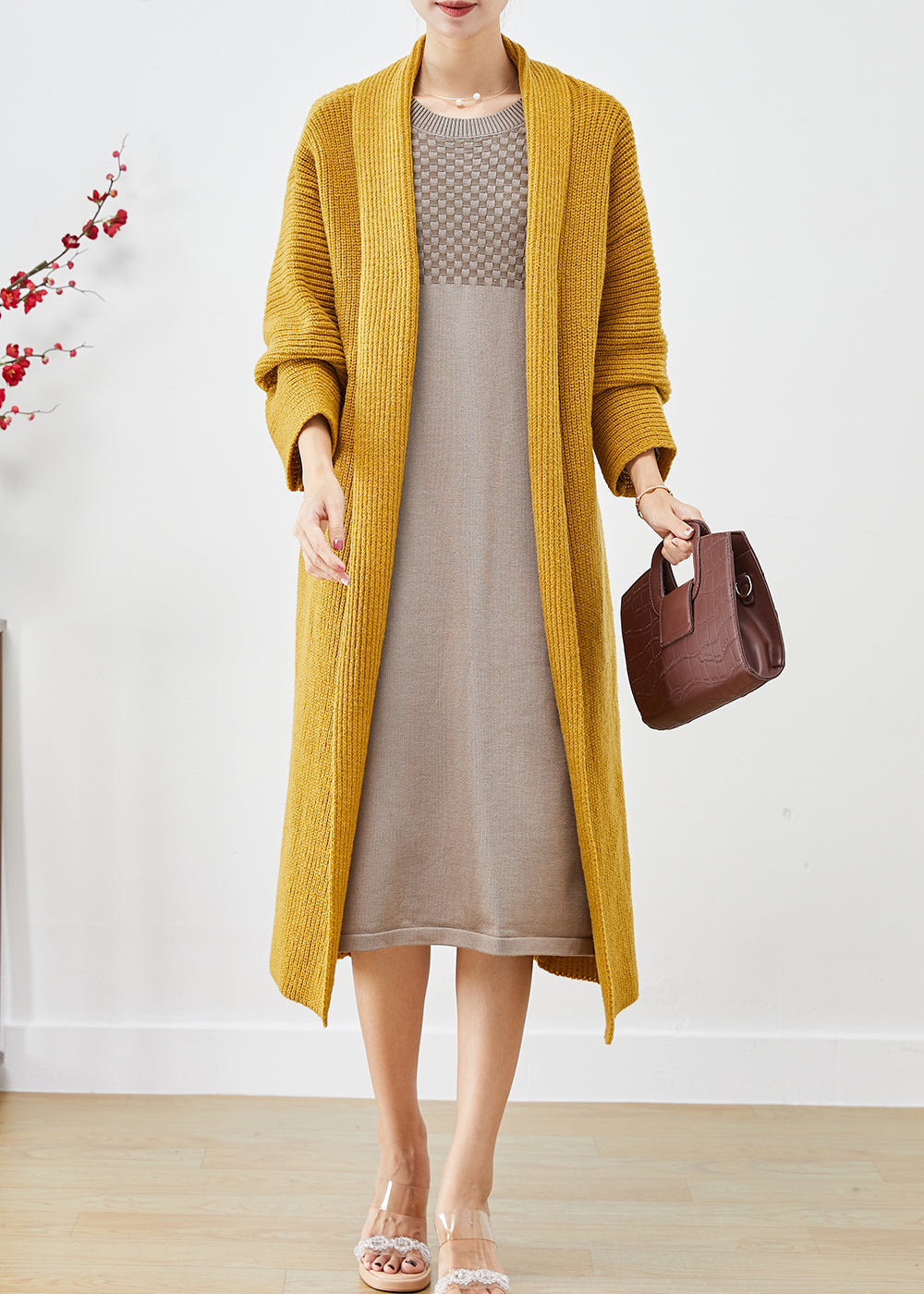 Yellow Knit Loose Cardigans Peter Pan Collar Fall