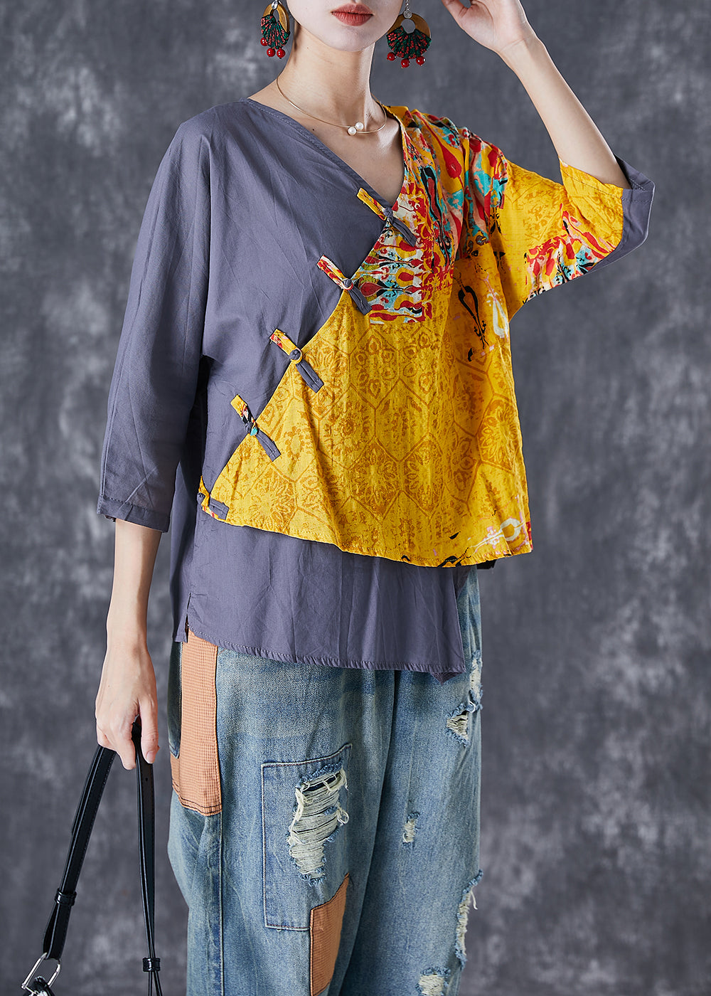 Yellow Patchwork Linen Shirts V Neck Chinese Button Summer