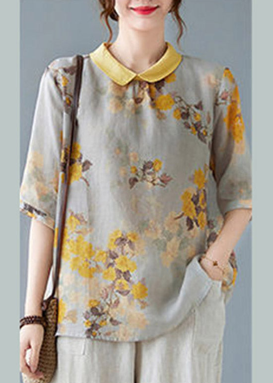 Yellow Peter Pan Collar Print Tops Half Sleeve