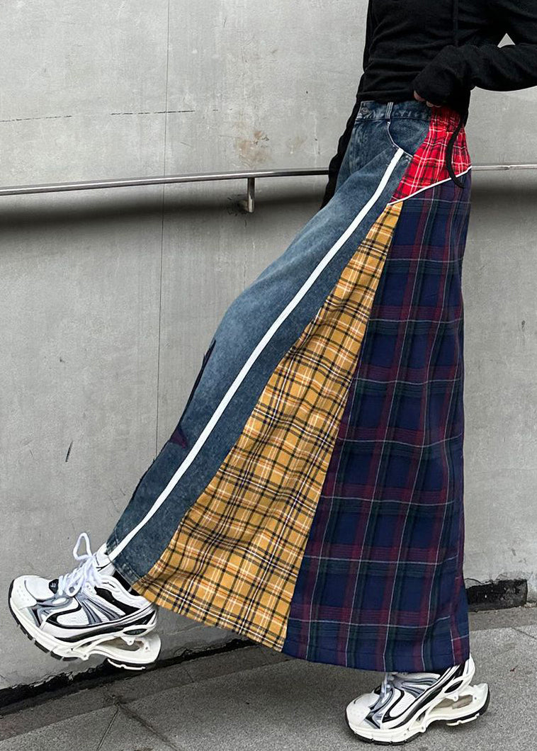 Yellow Plaid Button Patchwork Denim Spring Skirts High Waist