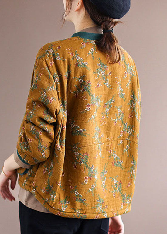 Yellow Print Fine Cotton Filled Coat Stand Collar Long Sleeve