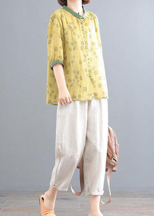 Yellow Print Tops And Beige Pants Linen Women Sets Summer