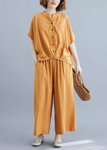 Yellow cotton linen two-piece irregular-breasted V-neck pullover shirt nine points wide leg skirt pants