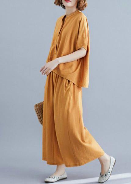 Yellow cotton linen two-piece irregular-breasted V-neck pullover shirt nine points wide leg skirt pants