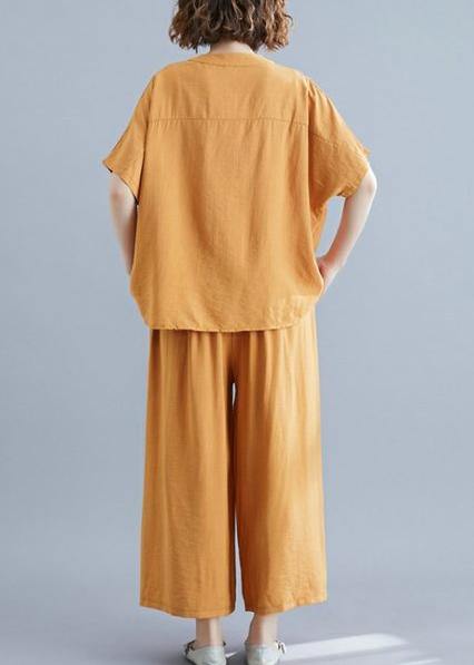 Yellow cotton linen two-piece irregular-breasted V-neck pullover shirt nine points wide leg skirt pants