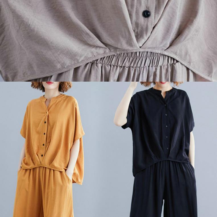 Yellow cotton linen two-piece irregular-breasted V-neck pullover shirt nine points wide leg skirt pants