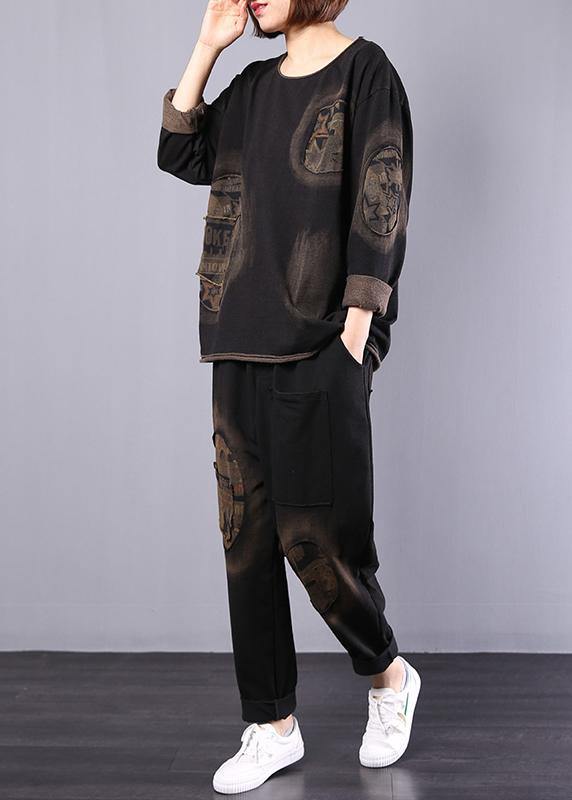 Autumn Black Appliques Suit Loose Casual Cotton Sport Two Pieces