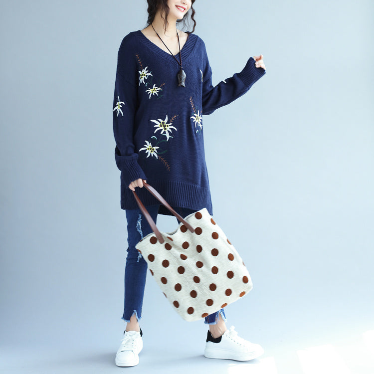 autumn fashion blue embroidery sweater dress oversize mid long knit pullover dresses