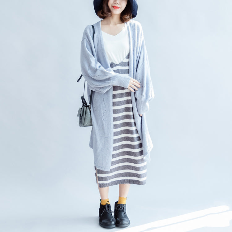 autumn fashion light blue cotton sweater outwear oversize hollow out sweater cardigan