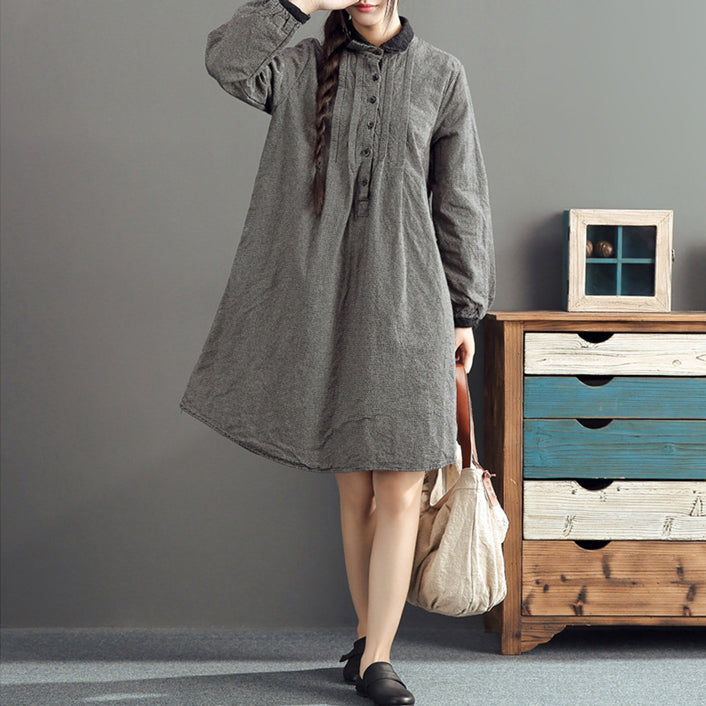 autumn gray grid cotton dresses plus size casual long sleeve lapel thick dress