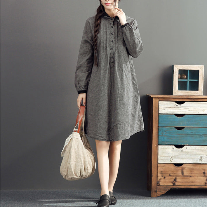 autumn gray grid cotton dresses plus size casual long sleeve lapel thick dress