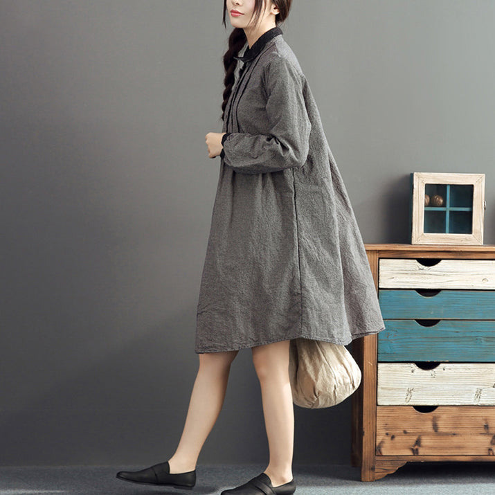 autumn gray grid cotton dresses plus size casual long sleeve lapel thick dress