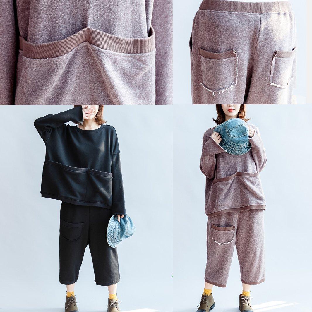 autumn light purple casual cotton knit tops and casual knit crop pants plus size pockets sport suit