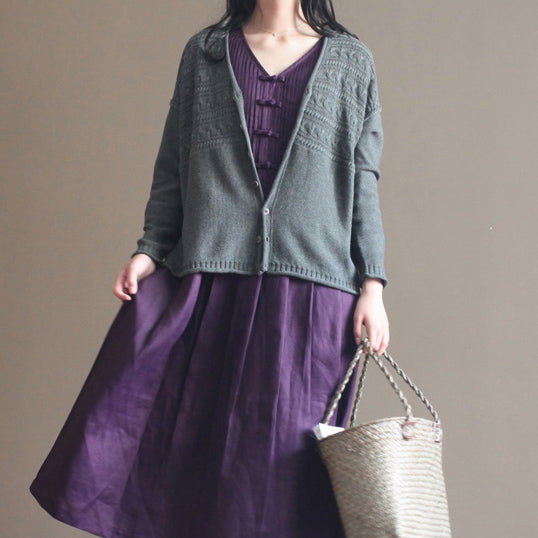 autumn new dark gray v neck cotton blended knit cardigans casual chunky cable sweater coat