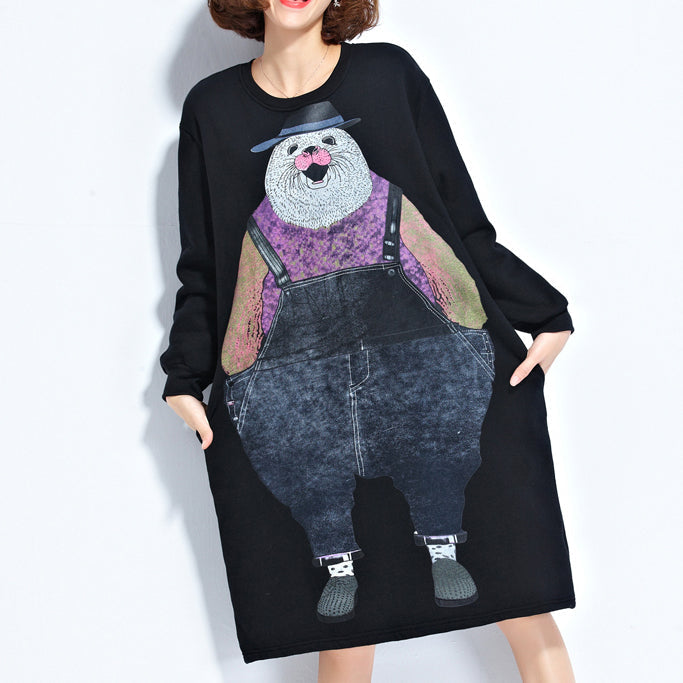 autumn new navy cartoon print cotton dresses baggy loose cute casual dress