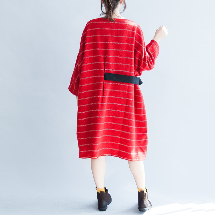 autumn plus size red striped cotton dresses tie waist long sleeve woolen casual dress