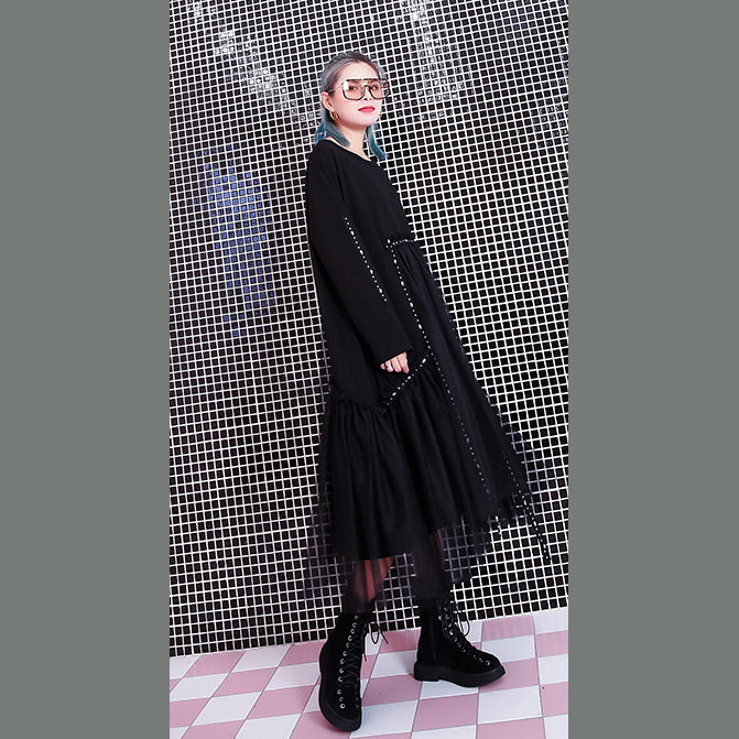 baggy black casual fall dresses patchwork tulle asymmetrical design women O neck Rivet knee dresses