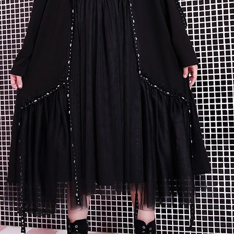 baggy black casual fall dresses patchwork tulle asymmetrical design women O neck Rivet knee dresses