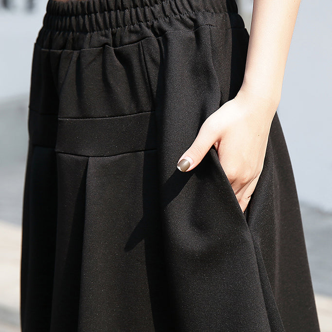 baggy black cotton shift skirt plus size holiday skirt elastic waist baggy New asymmetrical design autumn skirt