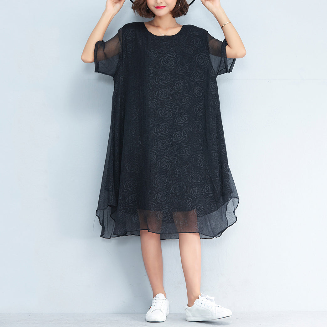 baggy black floral chiffon knee dress oversized traveling clothing Elegant short sleeve layered chiffon dress