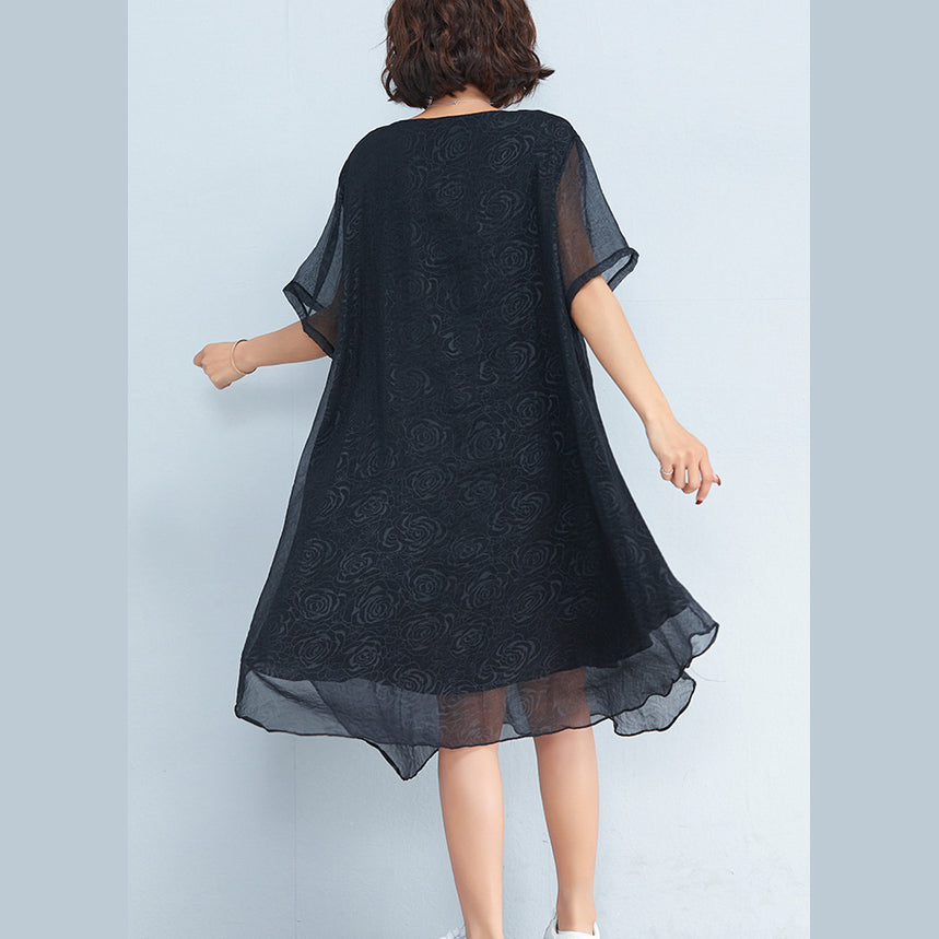 baggy black floral chiffon knee dress oversized traveling clothing Elegant short sleeve layered chiffon dress