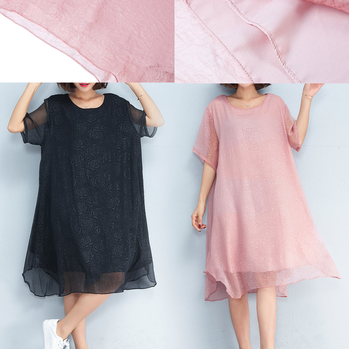 baggy black floral chiffon knee dress oversized traveling clothing Elegant short sleeve layered chiffon dress