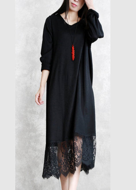 baggy black long wool blended dresses casual O neck patchwork traveling dress Elegant long sleeve lace autumn dress