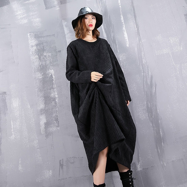 baggy black maxi dress casual O neck traveling dress fine asymmetric dresses